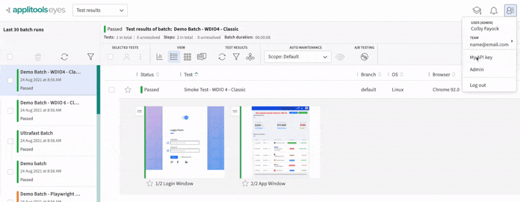 Finding and copying your API key in the Applitools dashboard