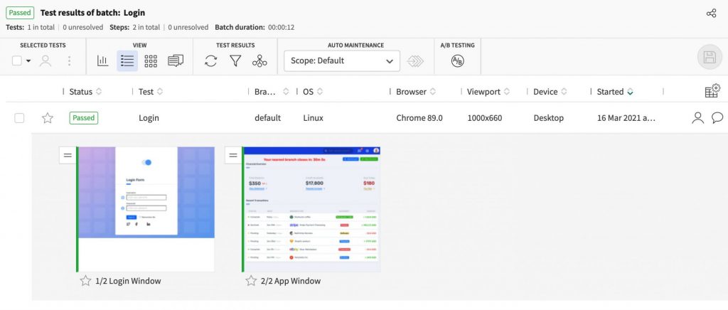 The baseline images for the Login Window and App Window in Applitools