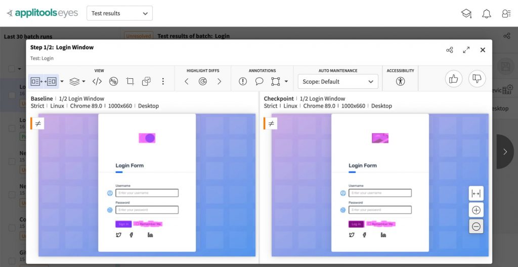 Applitools Eyes is displaying the differences between the baseline and checkpoint image, highlighting the differences