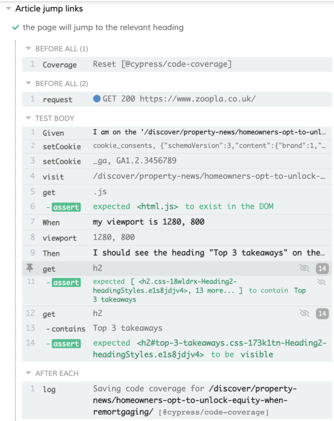 Additional logs printed on the Cypress Test Runner related to code coverage