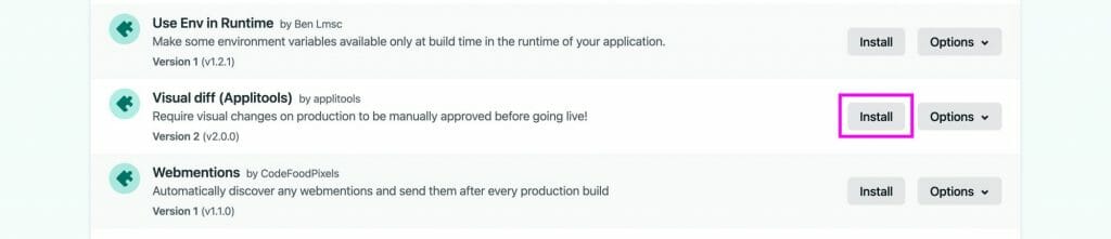Netlify plugins directory with Install button highlighted next to Visual diff (Applitools)