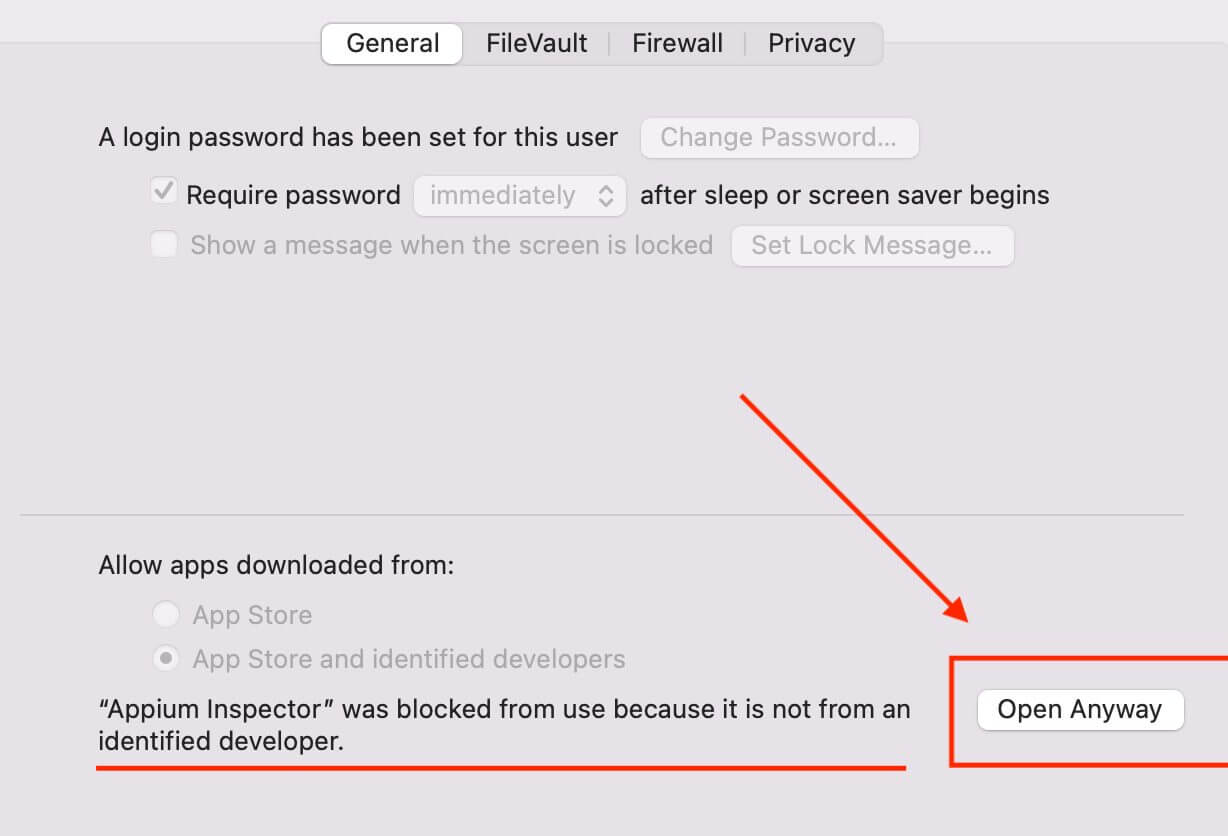 Give open anyway permission to Appium in System preferences