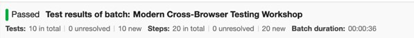 Results of test showing batch of 10 tests ran in 36 seconds