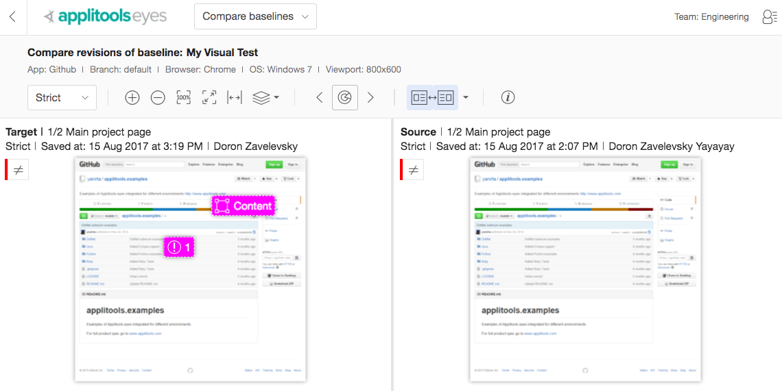 Applitools Baseline Comparison