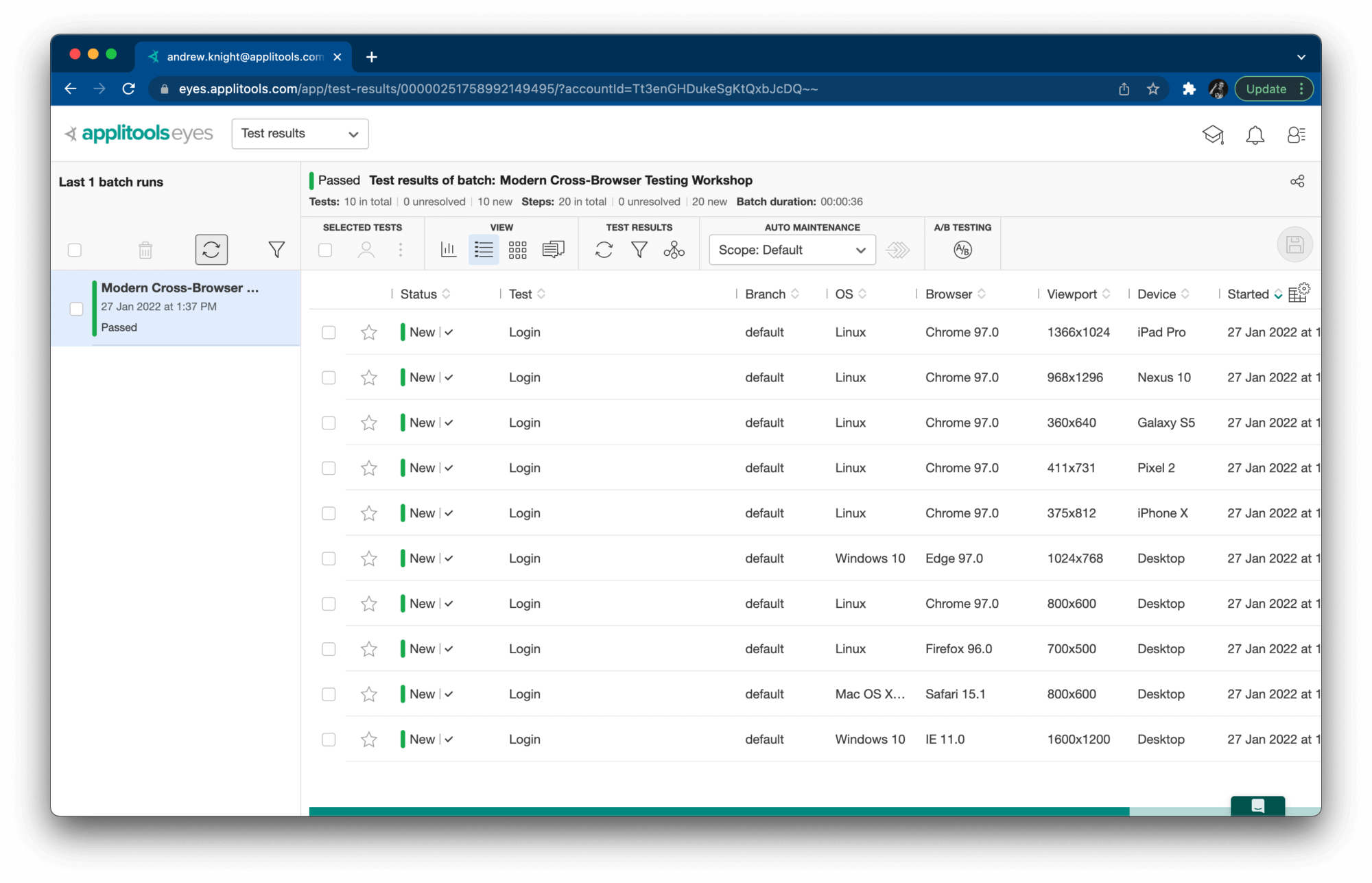 Applitools dashboard with baseline results.