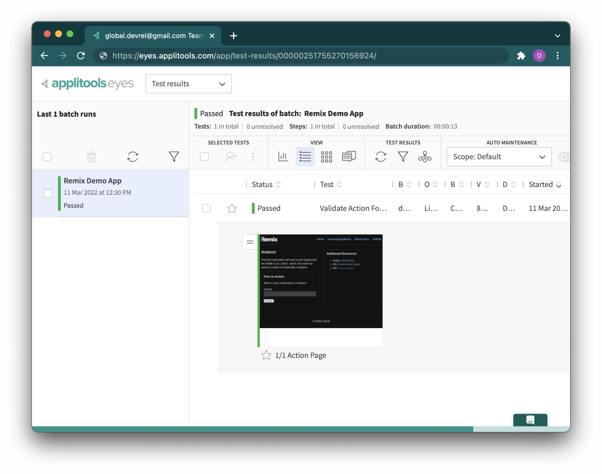 The Applitools dashboard, displaying the Remix Demo App test with the Action Page.