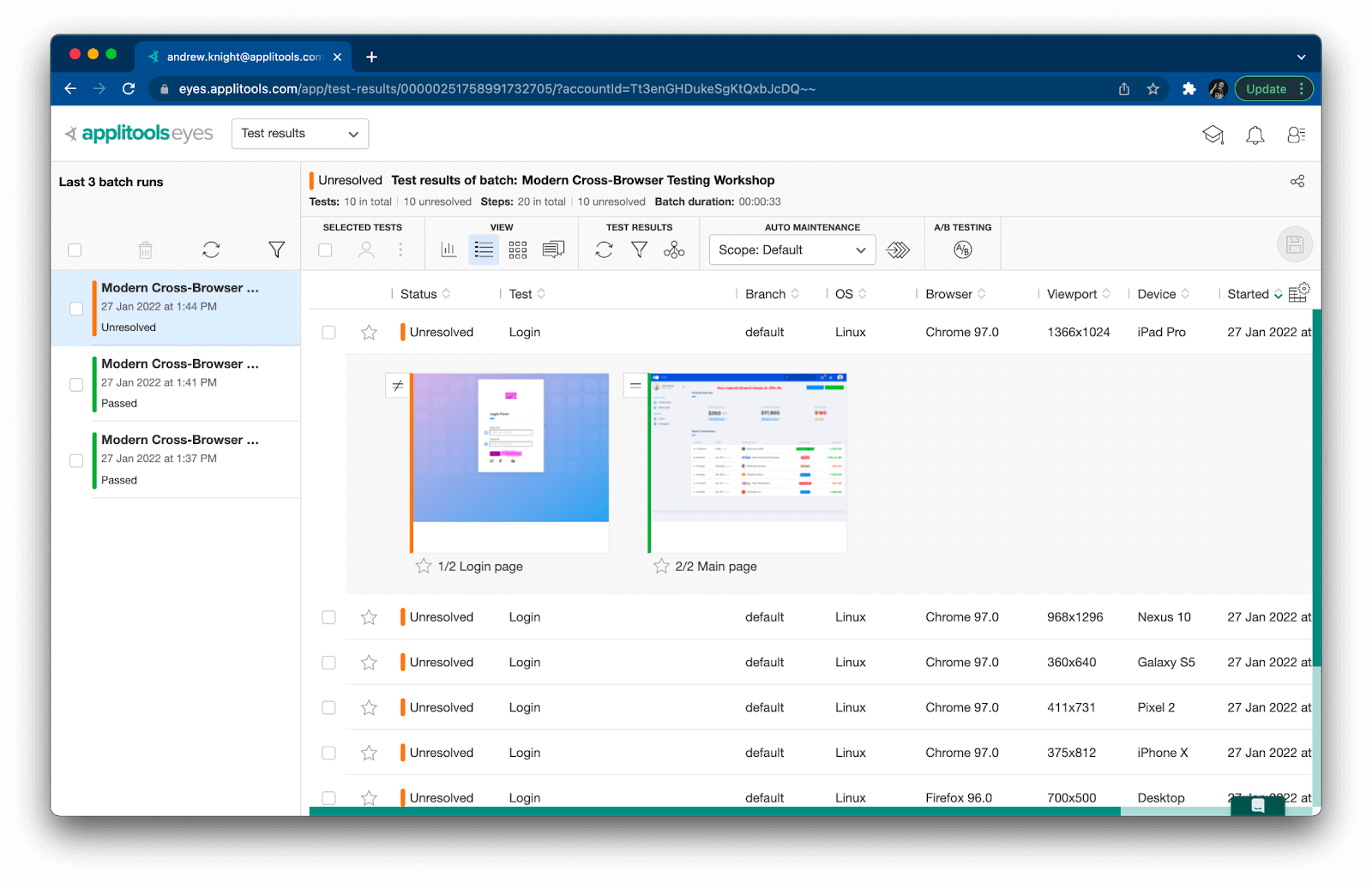 The Applitools dashboard, displaying the results of our latest visual tests, each marked with a Status of 'Unresolved'.