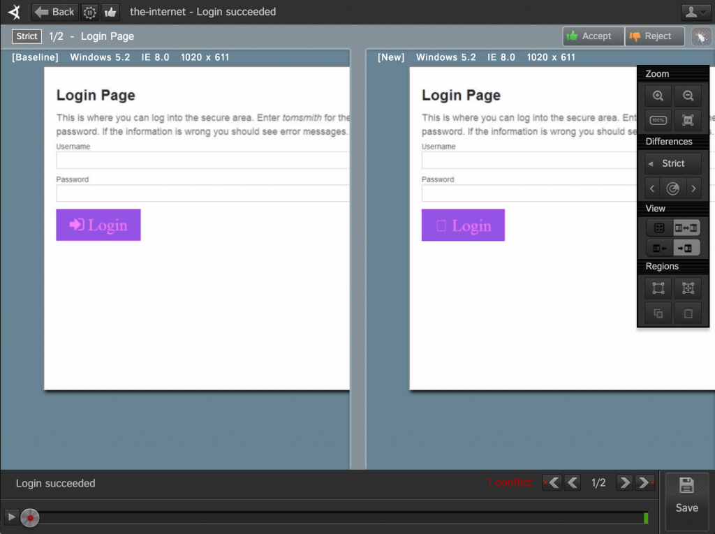 Visual Diffs presented on the Applitools Eyes Dashboard