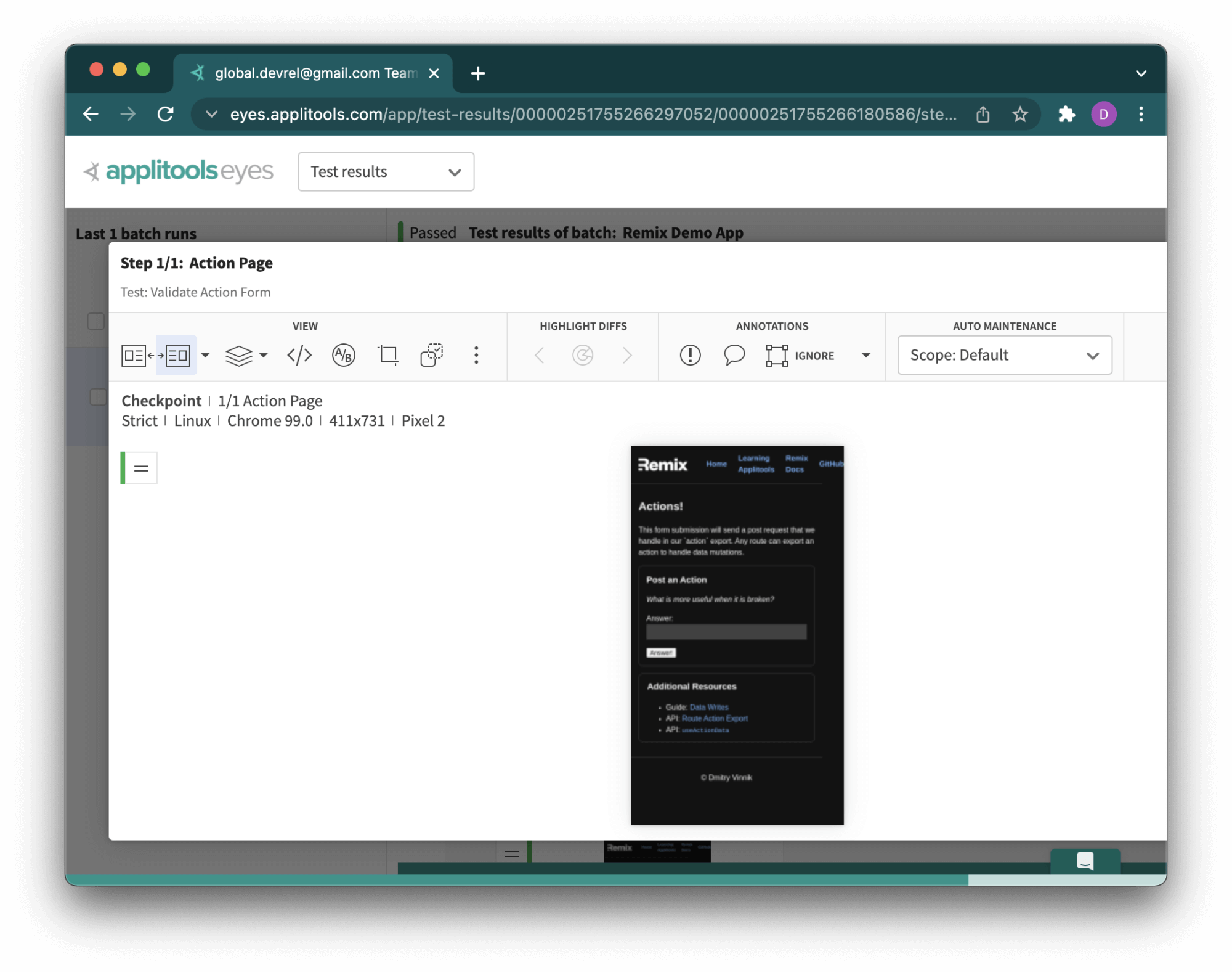 The Applitools dashboard, showing a visual checkpoint with a Pixel 2 mobile phone in portrait orientation.