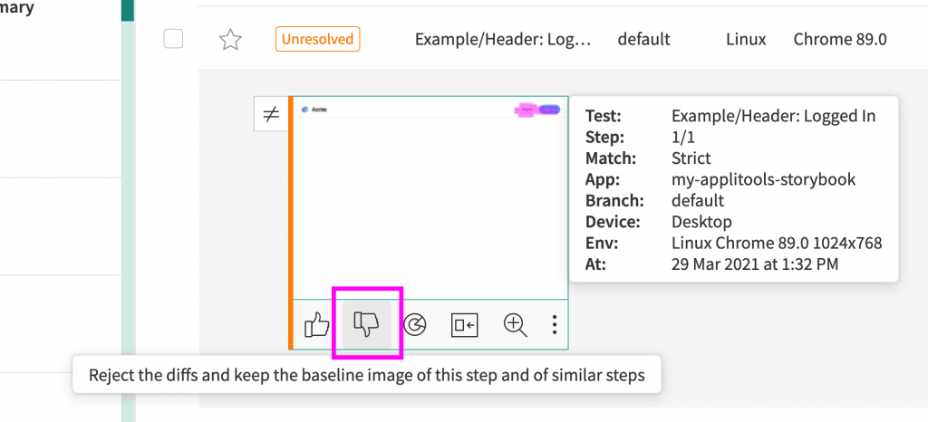 Rejecting an Applitools test by pressing the thumbs down icon